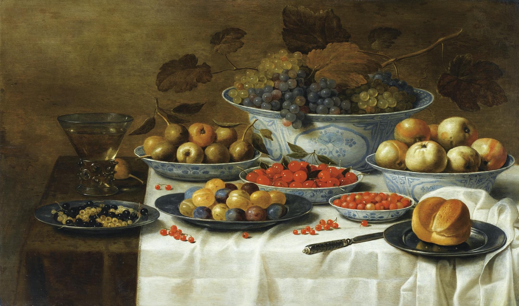 Floris Gerritsz Van Schooten - Nature Morte Aux Fruits Dans Des Plats De Delft Sur Un Entablement