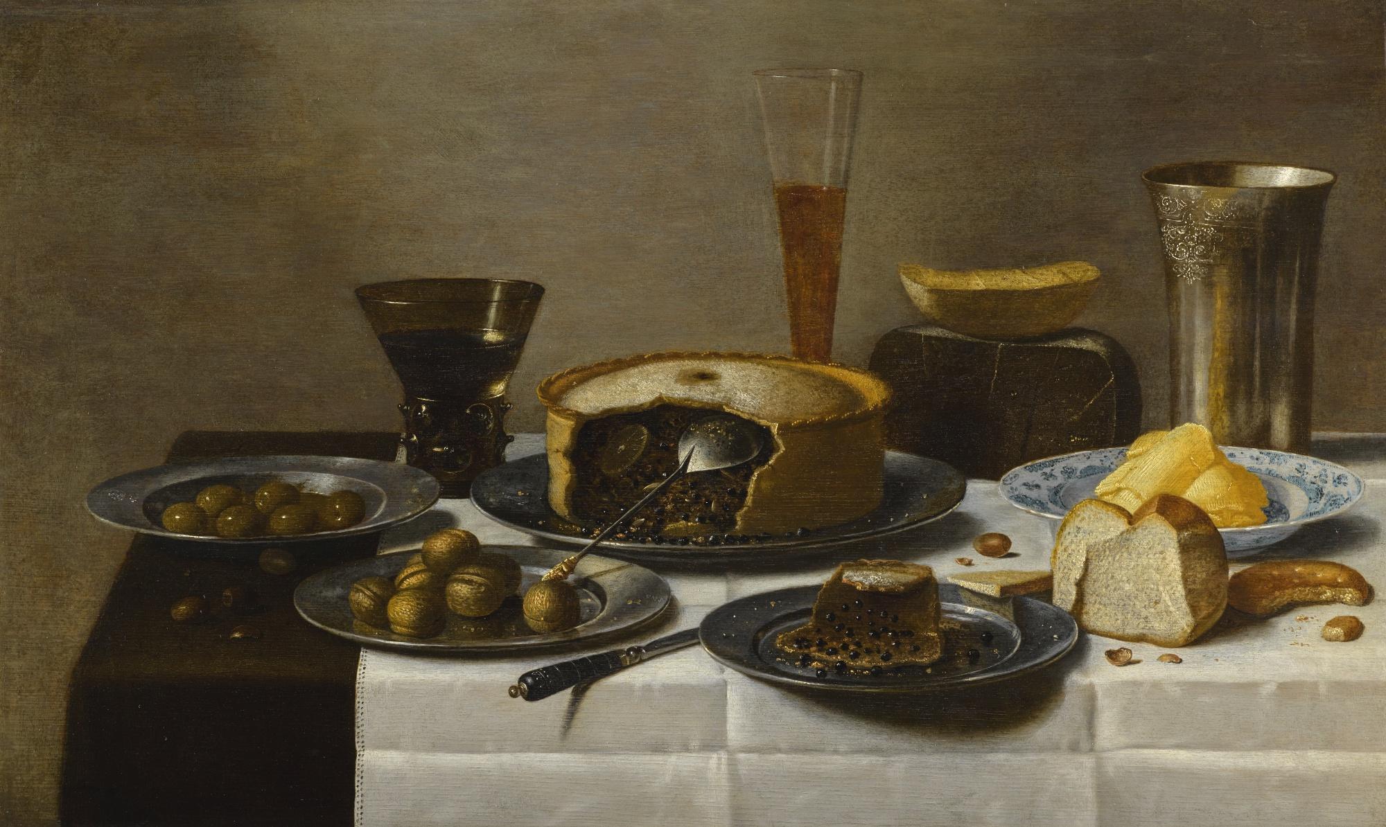 Floris Gerritsz Van Schooten - Still Life Of Meat Pies, Bread, Butter, Cheese And Olives With Glassware