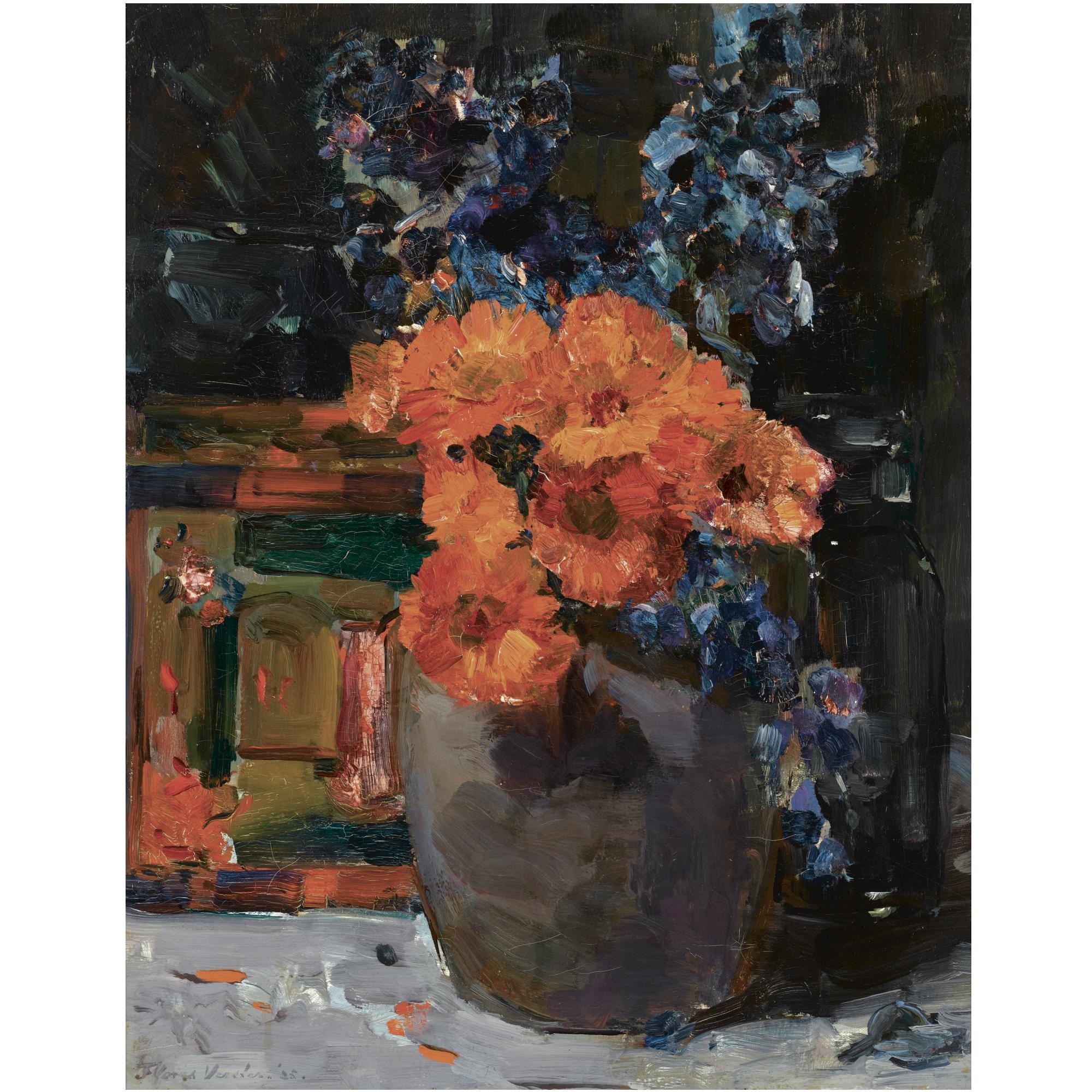 Floris Hendrik Verster - Dutch A Still Life With Marigold And Delphinium In A Bowl
