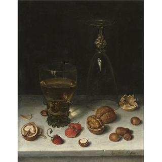 Floris van Dijck - Still Life Of Walnuts, Hazelnuts, Strawberries, A Roemer And An Overturned Wine Glass, All Resting On A Table
