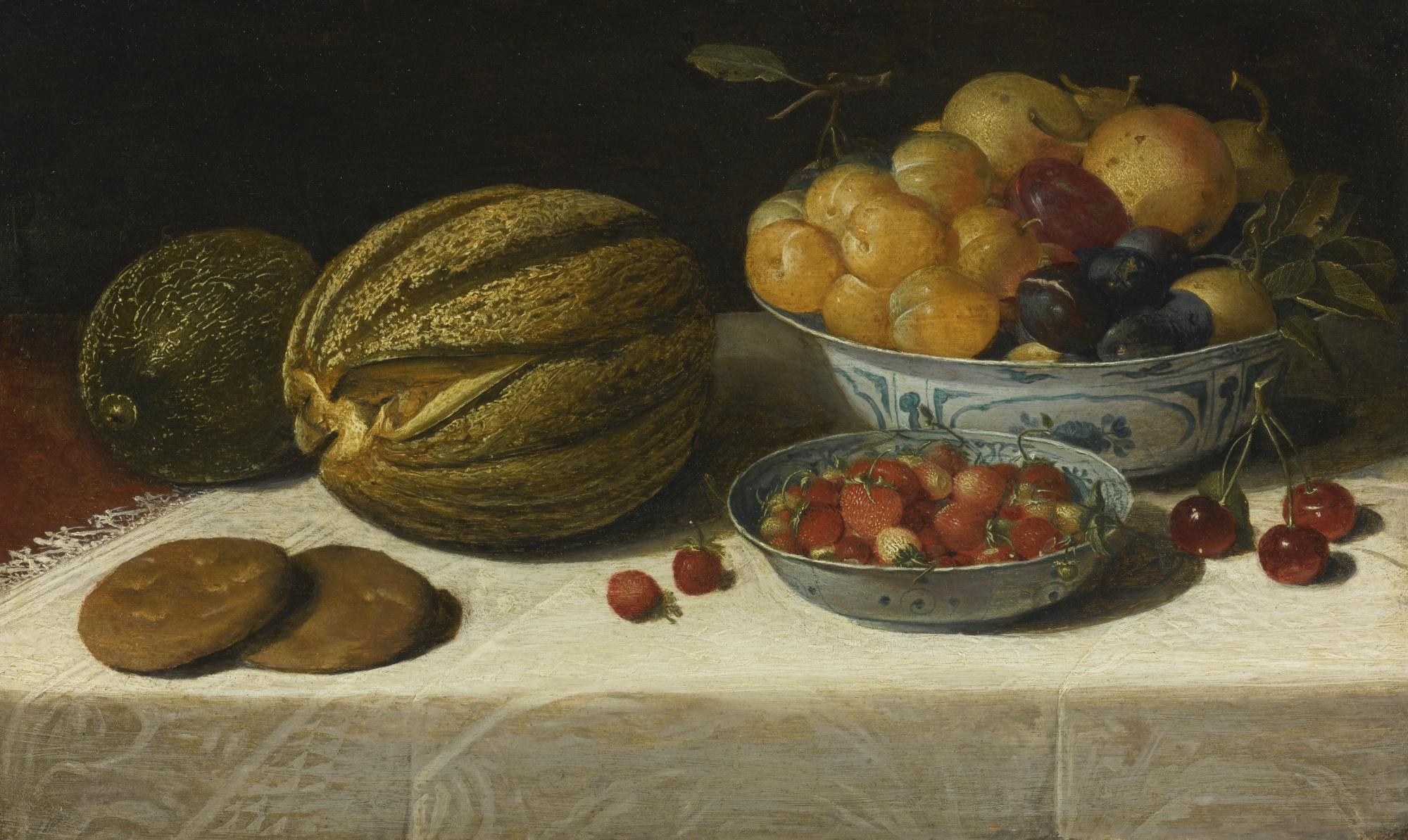 Floris Van Dijck - Still Life With Melons, Plums, Cherries, And Bread On A Table Draped With A White Damask Tablecloth