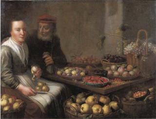 Floris van Schooten - A Kitchen Interior With A Peasant Woman Peeling A Pear, At A Table With Grapes, Plums, Blackberries, Cherries And Other Fruits On Earthenware Plates, An Old Man Offering Her A Money Bag Beside Her