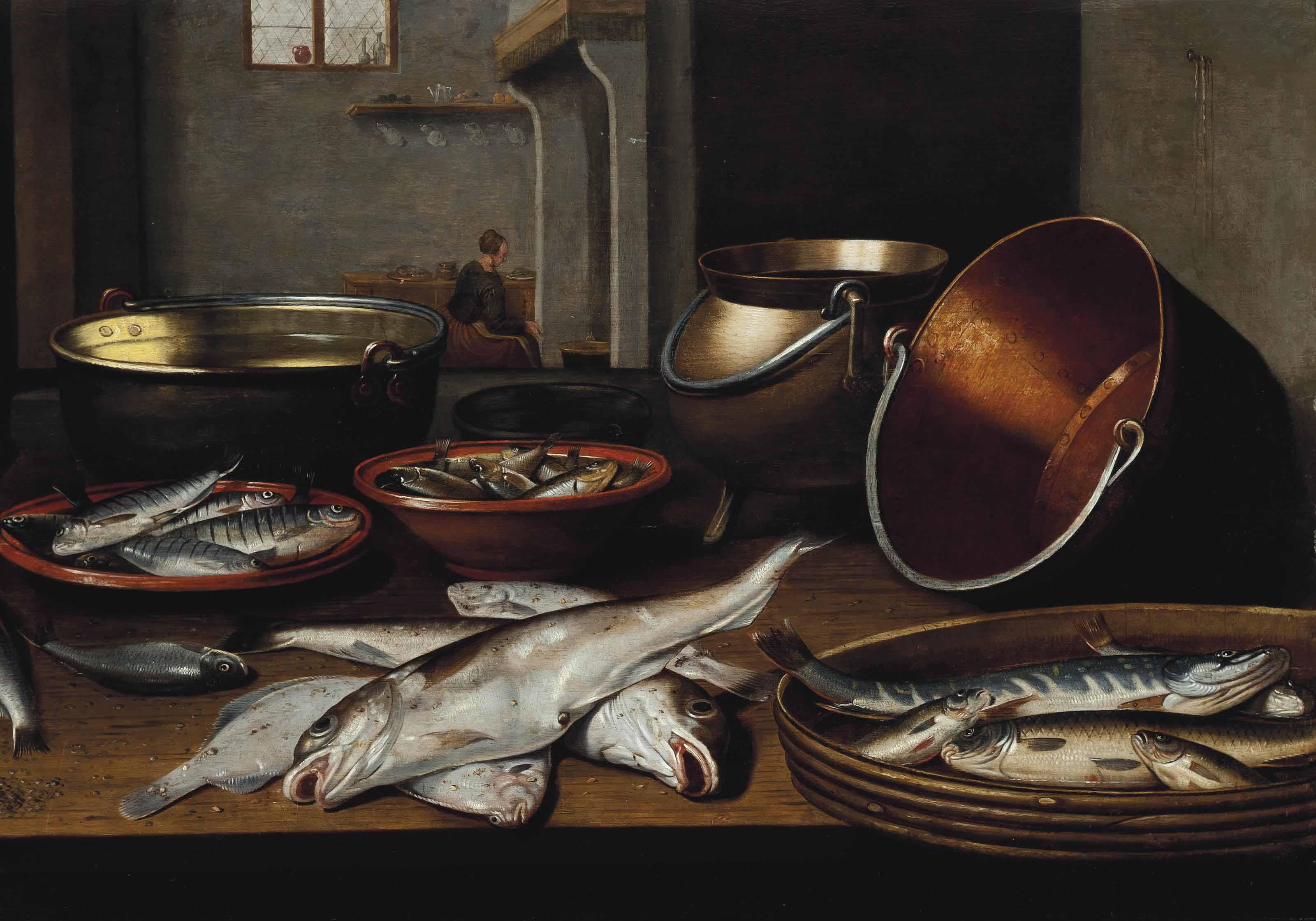 Floris Van Schooten - A Kitchen Interior With Fish And Utensils On A Table