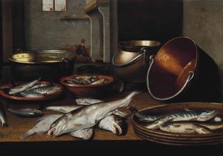 Floris Van Schooten - A Kitchen Interior With Fish And Utensils On A Table