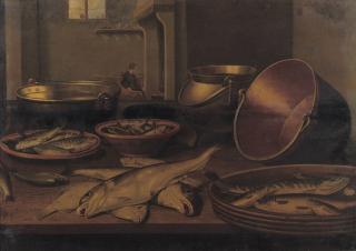 Floris van Schooten - A kitchen interior with fish and utensils on a table