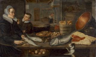 Floris Van Schooten - A kitchen still life with a maid cleaning fish at a table and a boy holding an apple