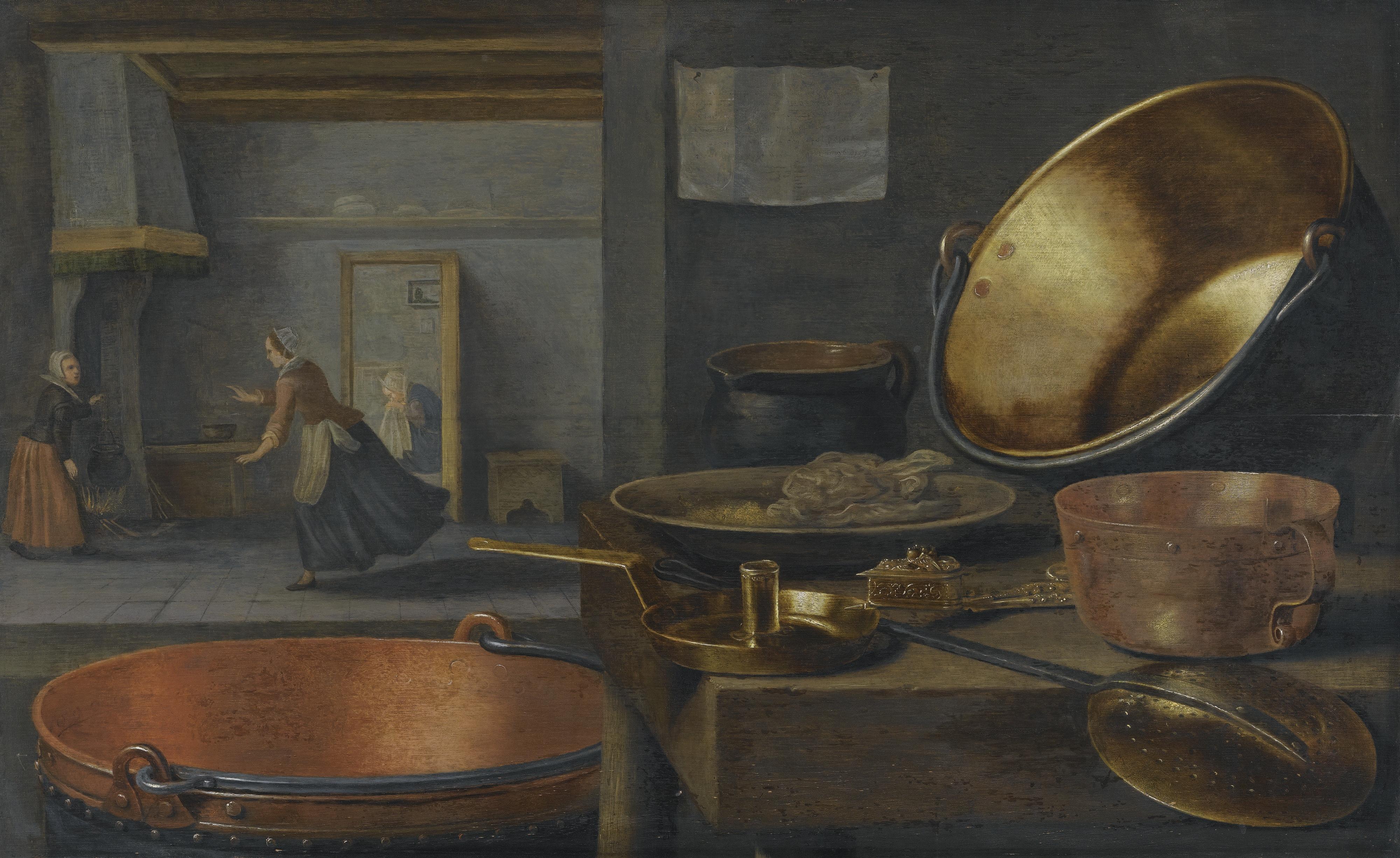 Floris Van Schooten - A Kitchen Still Life With Pots And Pans On A Stone Ledge And Animated Figures In The Background