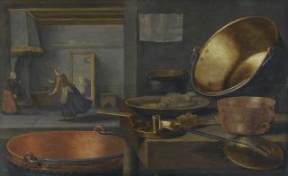 Floris Van Schooten - A Kitchen Still Life With Pots And Pans On A Stone Ledge And Animated Figures In The Background