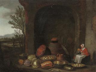 Floris Van Schooten - A Maid With A Child, Preparing Food In A Courtyard, A Landscape Beyond