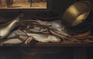 Floris van Schooten - A stingray, soles, herrings and other fish with a bowl of mussels and a copper pot, all on a wooden table