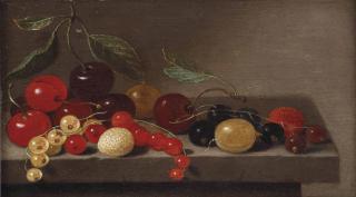 Floris Van Schooten - Cherries, Gooseberries, Redcurrants, Blackcurrants And Strawberries On A Stone Ledge