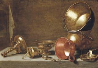 Floris van Schooten - Copper pots and pans, an overturned candlestick holder and a candle snuffer on a stone ledge