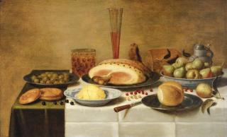 Floris Van Schooten - Mulberries, a ham and a bun on pewter plates, butter and pears on porcelain dishes with a beerglass, a flute and a knife on a draped table