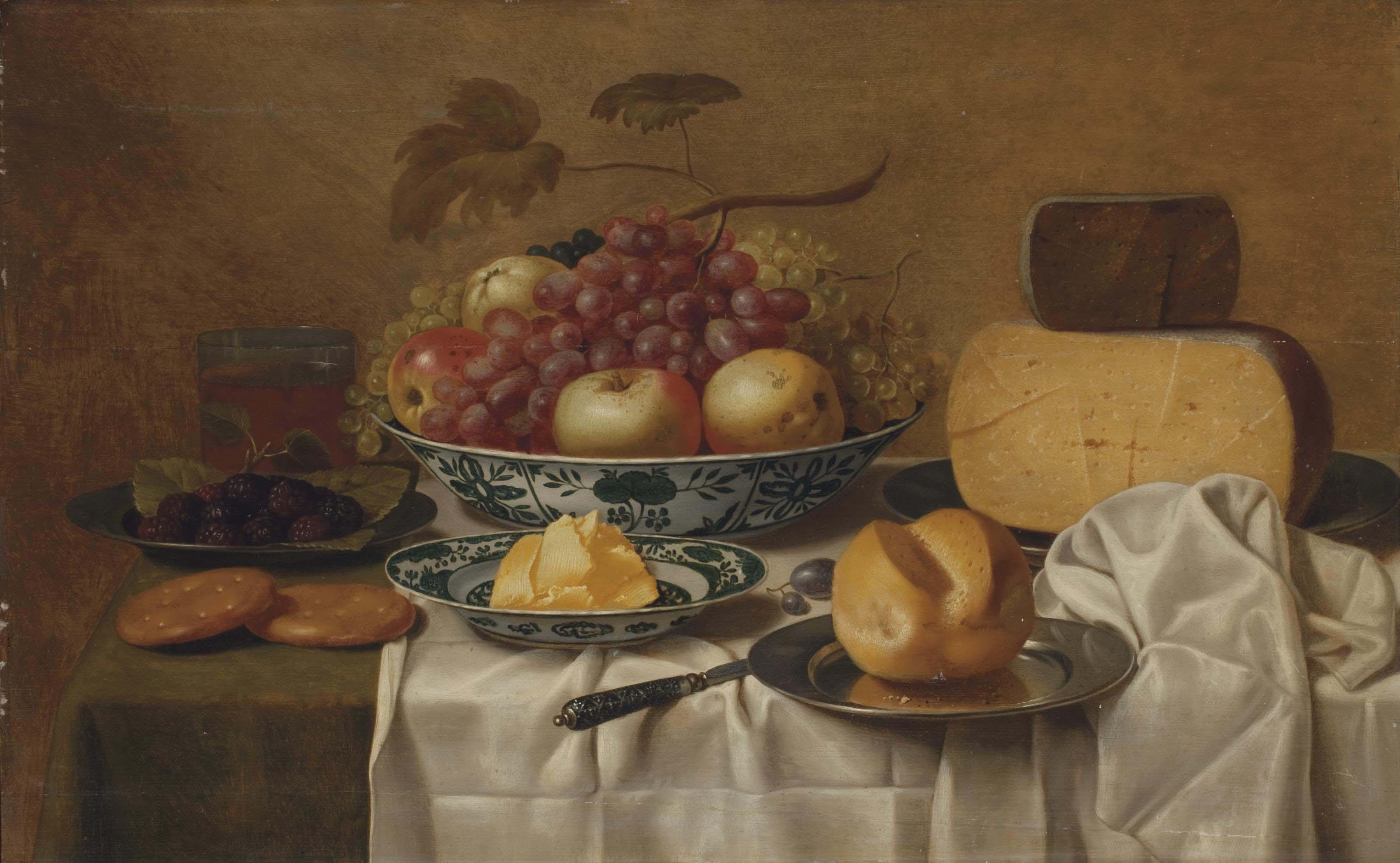 Floris van Schooten - Pommes, raisins, mures, fromages, beurre et pain dans des plats en porcelaine ou argent sur une table drapée