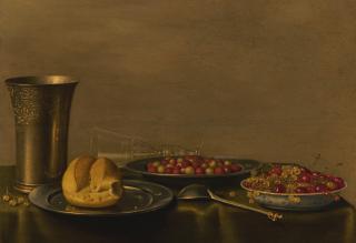 Floris Van Schooten - Still Life With An Engraved Silver Beaker And Spoon, A Bread Roll On A Pewter Plate, And Bowls Of Berries, With An Overturned Wineglass