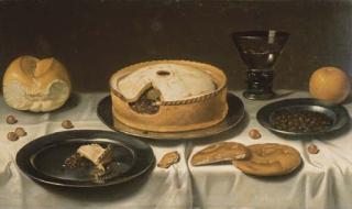 Floris van Schooten - Tourte, Pain, Un Verre, Noisettes Et Orange Sur Un Entablement Drapé