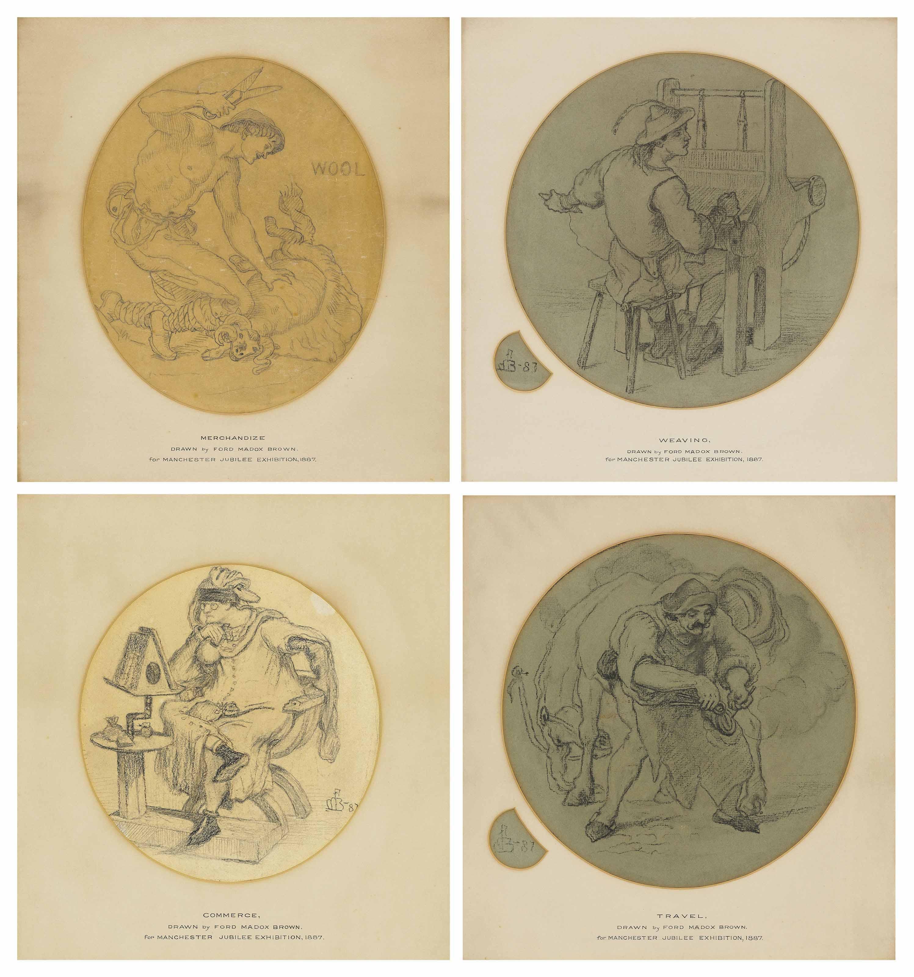 Ford Madox Brown - Four Designs For The Manchester Jubilee Exhibition 1887: Shearing The Sheep - Wool; The Weaver; The Merchant - Commerce; And The Farrier - Iron And Machinery