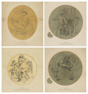 Ford Madox Brown - Four Designs For The Manchester Jubilee Exhibition 1887: Shearing The Sheep - Wool; The Weaver; The Merchant - Commerce; And The Farrier - Iron And Machinery