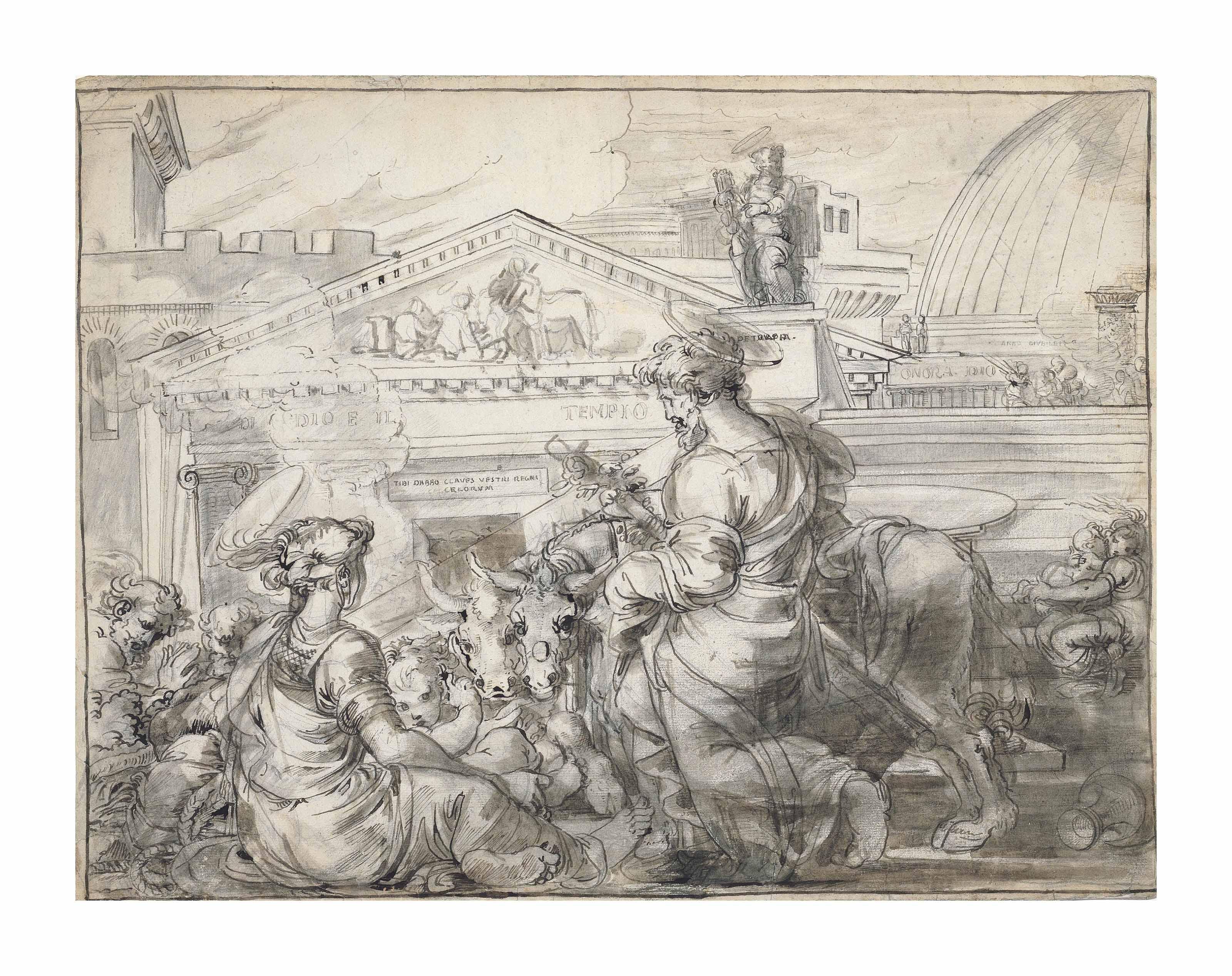 Fortunato Duranti - The Holy Family outside a temple, with classical architecture behind