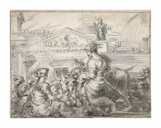 Fortunato Duranti - The Holy Family outside a temple, with classical architecture behind