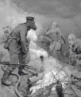 Fortunino Matania, R.I. - A British raid on the German lines through clouds of poison gas