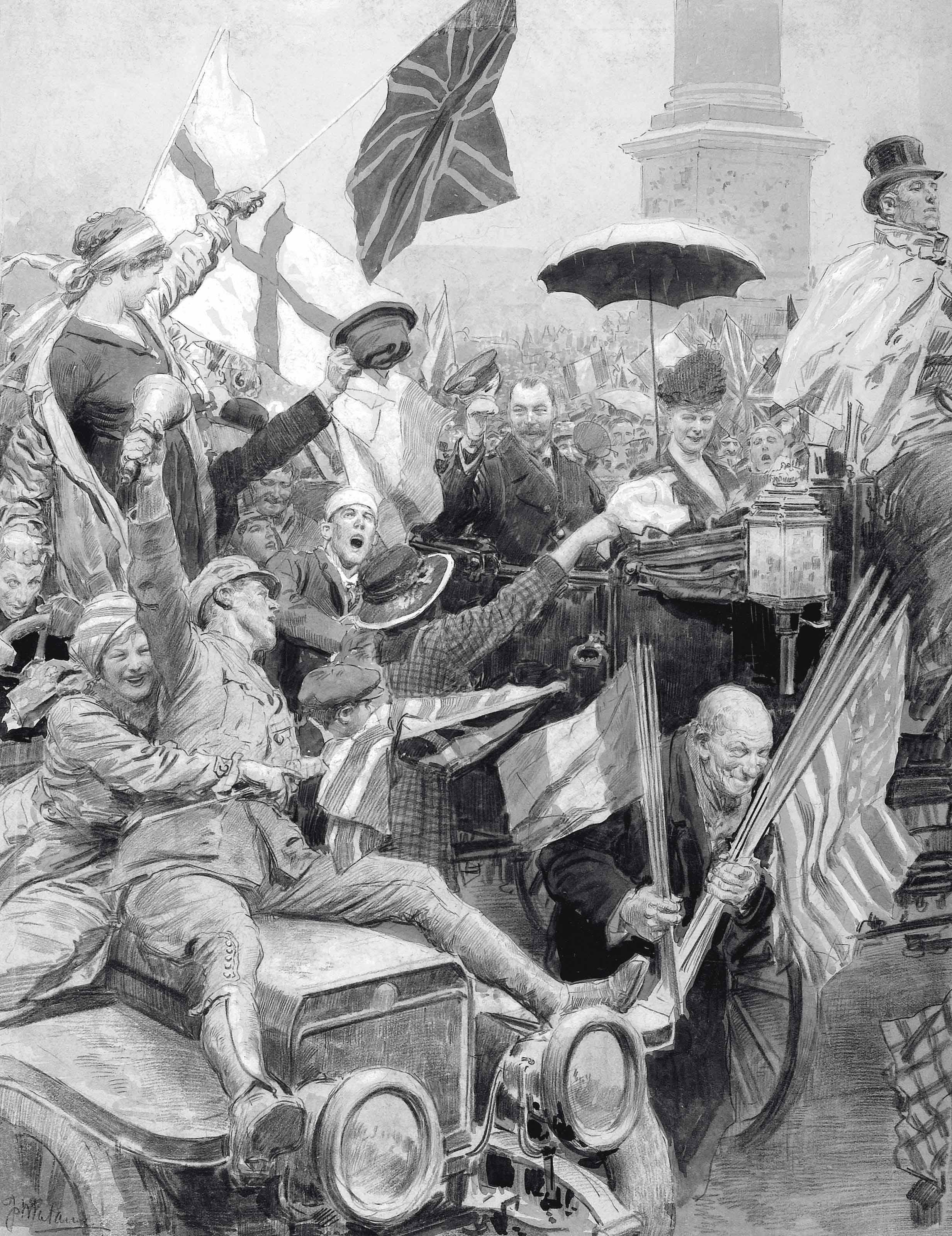 Fortunino Matania, R.I. - Armistice Day celebrations in Trafalgar Square with H.R.H. King George V and H.R.H. Queen Mary looking on from a horse-drawn carriage