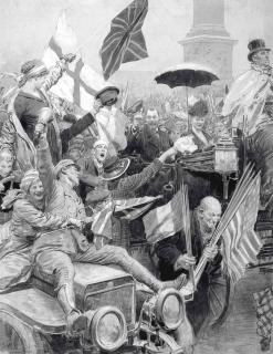 Fortunino Matania, R.I. - Armistice Day celebrations in Trafalgar Square with H.R.H. King George V and H.R.H. Queen Mary looking on from a horse-drawn carriage