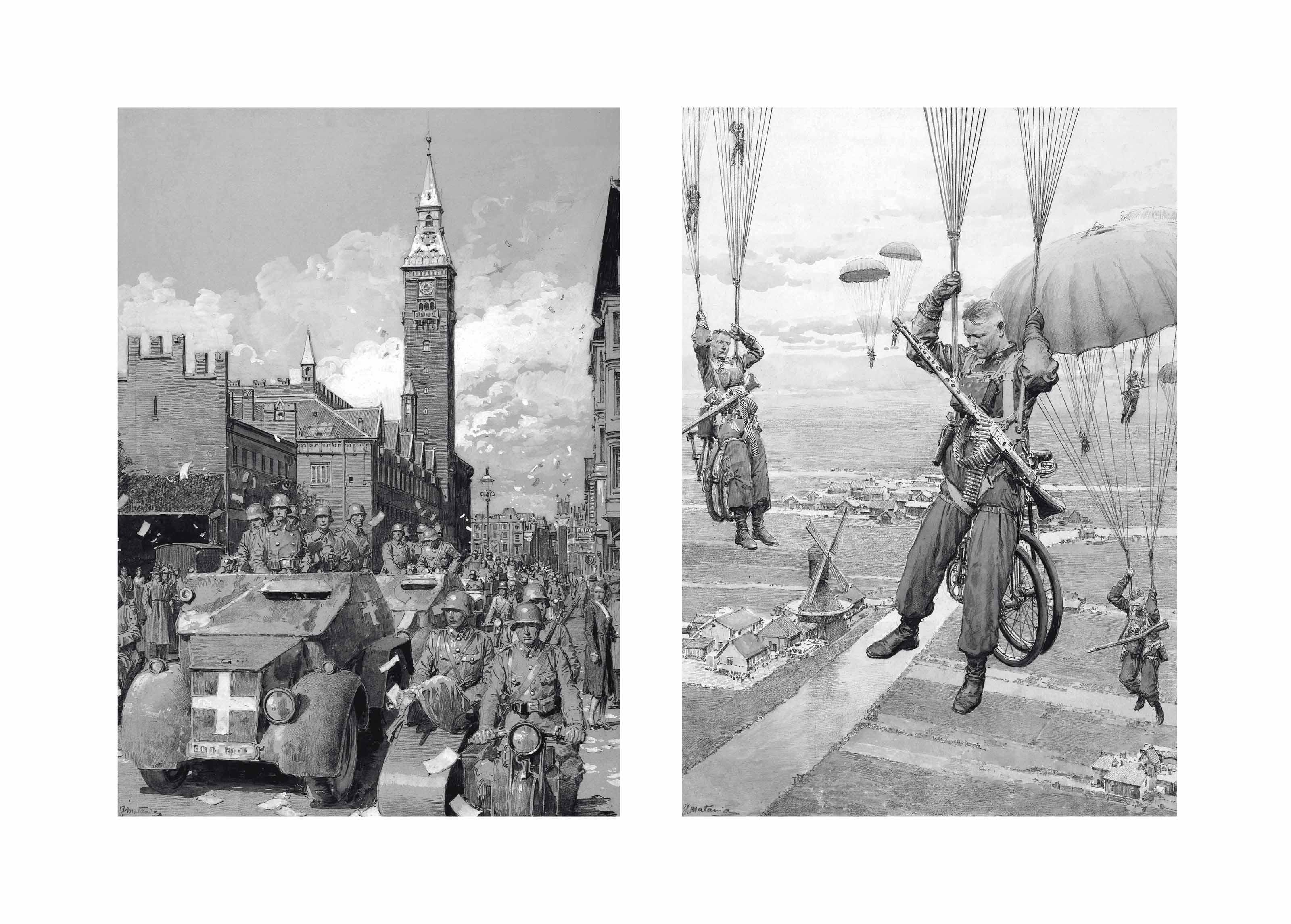 Fortunino Matania, R.I. - Germany enters Denmark’s Capital – Tuesday, April 9: The scene in front of Copenhagen’s town hall (left); and Germany’s newest weapon – The parachute troops: The new method of warfare in the attack on the Low Countries (right)