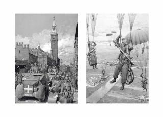 Fortunino Matania, R.I. - Germany enters Denmark’s Capital – Tuesday, April 9: The scene in front of Copenhagen’s town hall (left); and Germany’s newest weapon – The parachute troops: The new method of warfare in the attack on the Low Countries (right)