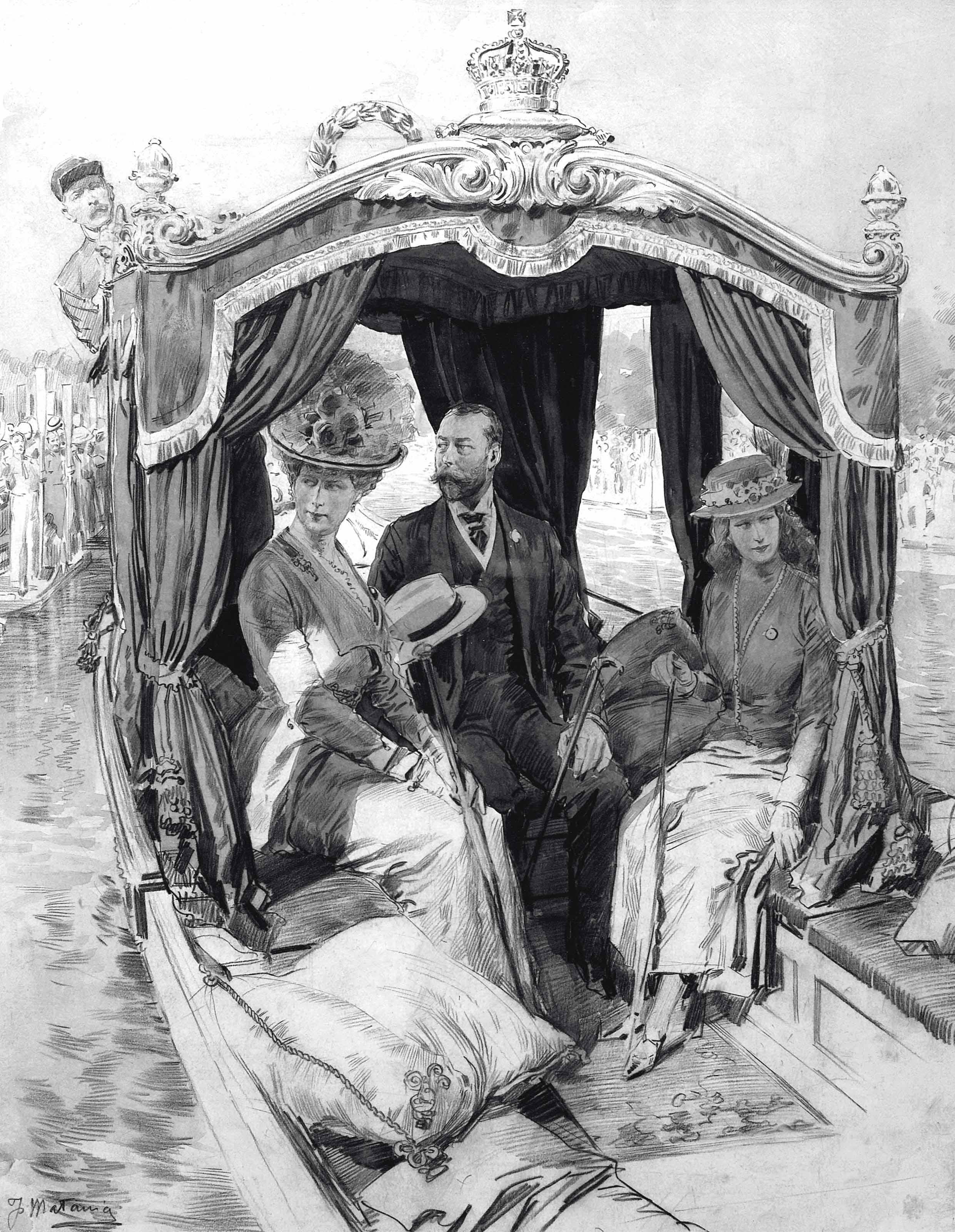 Fortunino Matania, R.I. - H.R.H. King George V, Queen Mary and Princess Mary in the Royal Barge at Henley Royal Regatta, 12 July 1912 (illustrated); and The King and Queen receive a floral welcome from the medieval London pageant, 1911