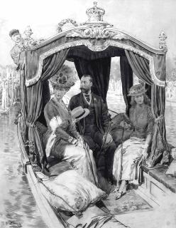 Fortunino Matania, R.I. - H.R.H. King George V, Queen Mary and Princess Mary in the Royal Barge at Henley Royal Regatta, 12 July 1912 (illustrated); and The King and Queen receive a floral welcome from the medieval London pageant, 1911