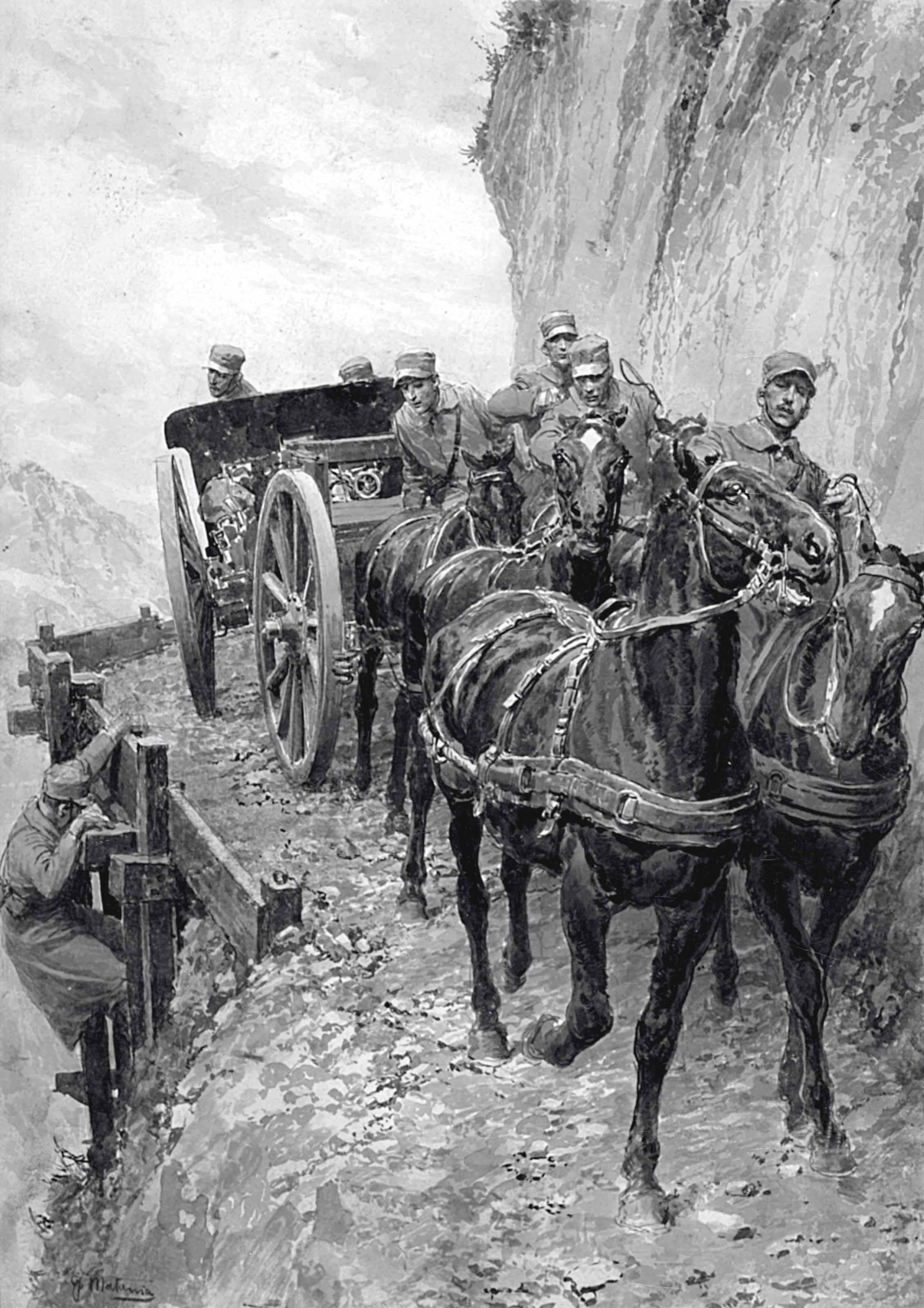 Fortunino Matania, R.I. - Italian Artillery in the Alps, 1916; and Soldiers throwing snowballs, heavy artillery beyond