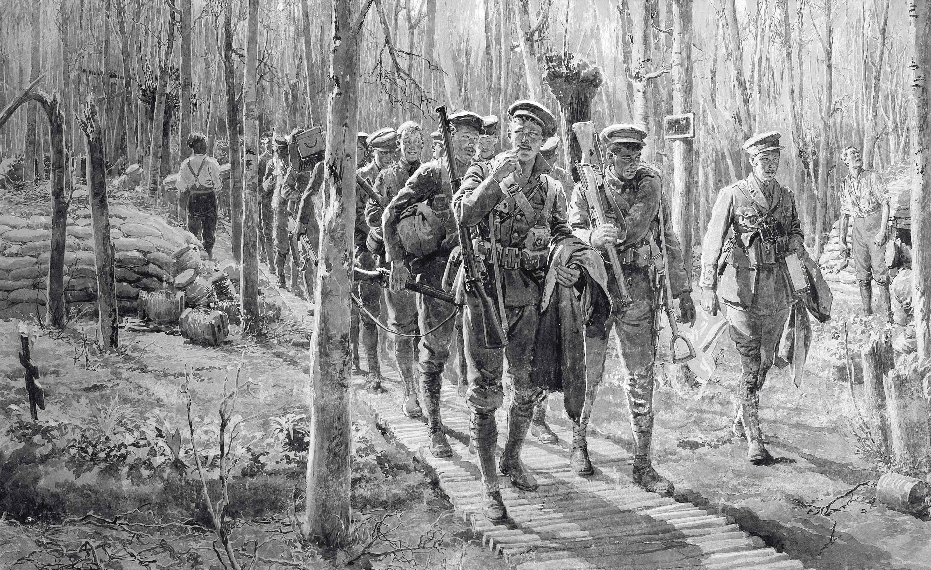 Fortunino Matania, R.I. - Soldiers in woodland near Ypres marching along \'Regent Street\', 1915