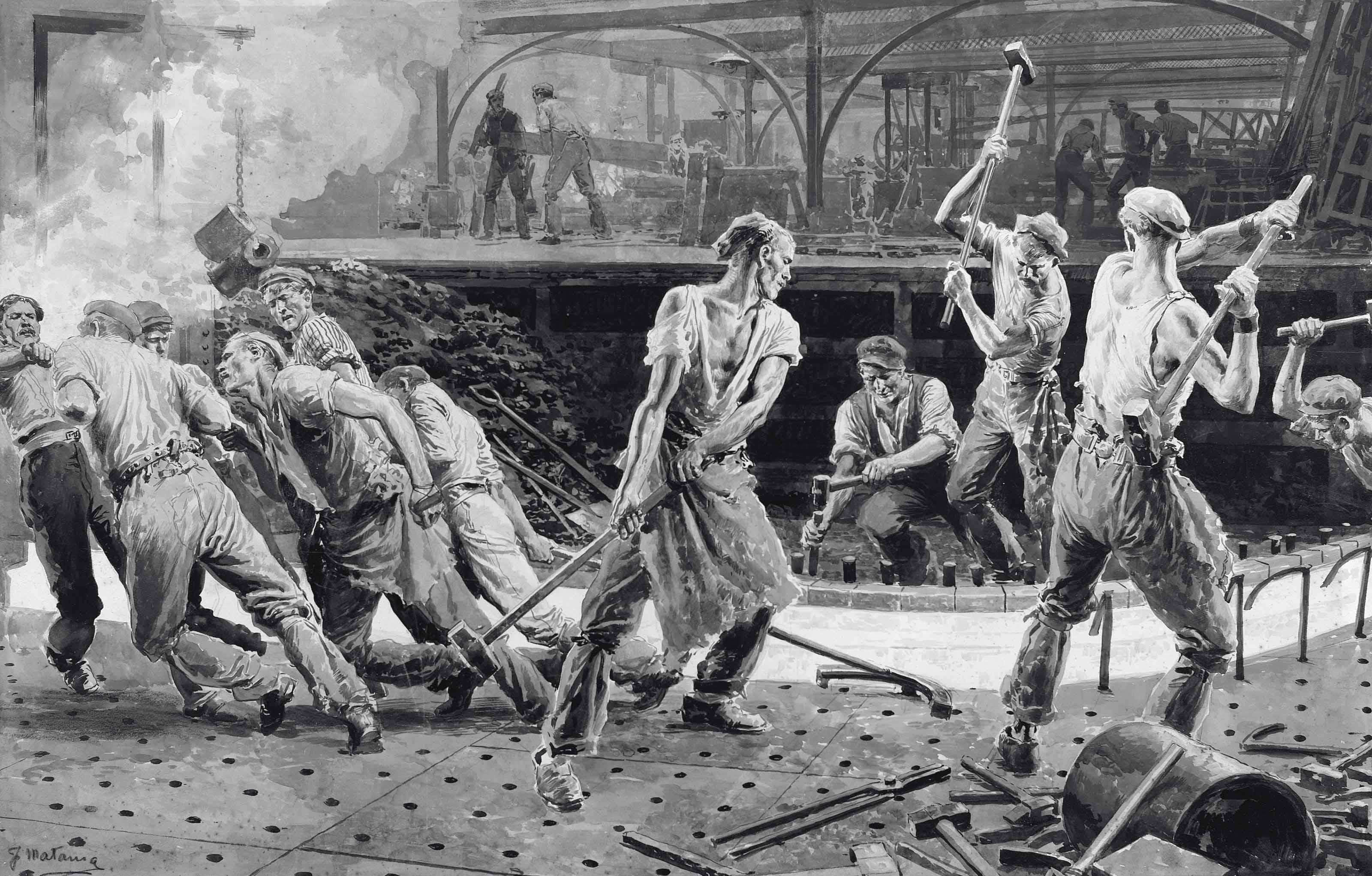 Fortunino Matania, R.I. - Steel workers (illustrated); Workers at the Royal Mint, 1911; Women churning butter; A Glassblowing factory; and Factory workers with hammers