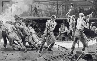 Fortunino Matania, R.I. - Steel workers (illustrated); Workers at the Royal Mint, 1911; Women churning butter; A Glassblowing factory; and Factory workers with hammers