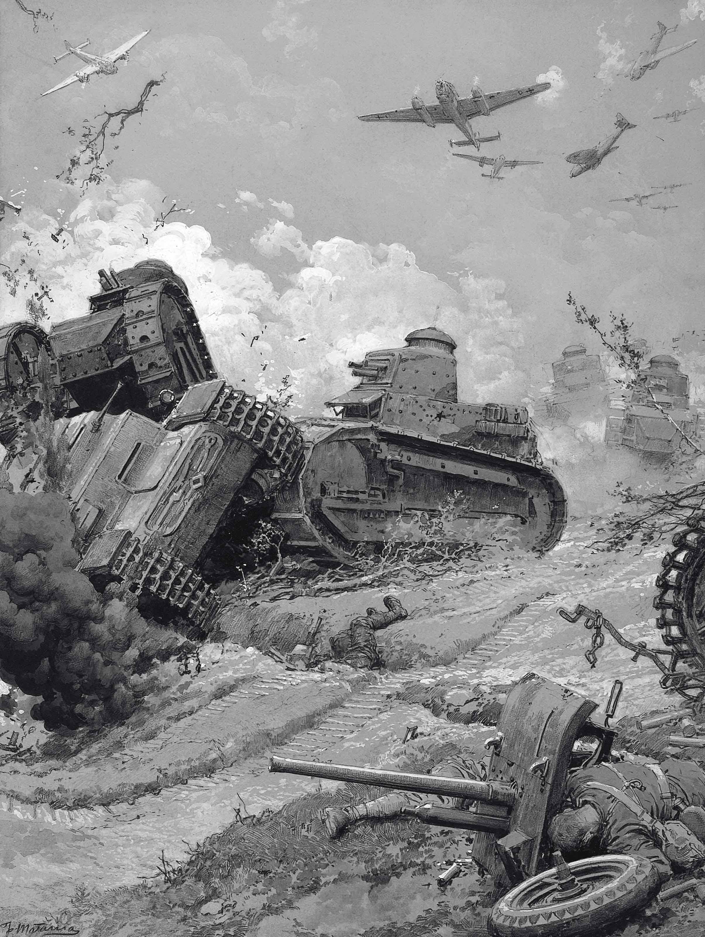 Fortunino Matania, R.I. - The battle of the tanks: The first onslaught of the German attack (illustrated left); and The brilliant rescue of the B.E.F.: The scene on the beaches of Dunkerque (illustrated right)