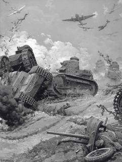 Fortunino Matania, R.I. - The battle of the tanks: The first onslaught of the German attack (illustrated left); and The brilliant rescue of the B.E.F.: The scene on the beaches of Dunkerque (illustrated right)