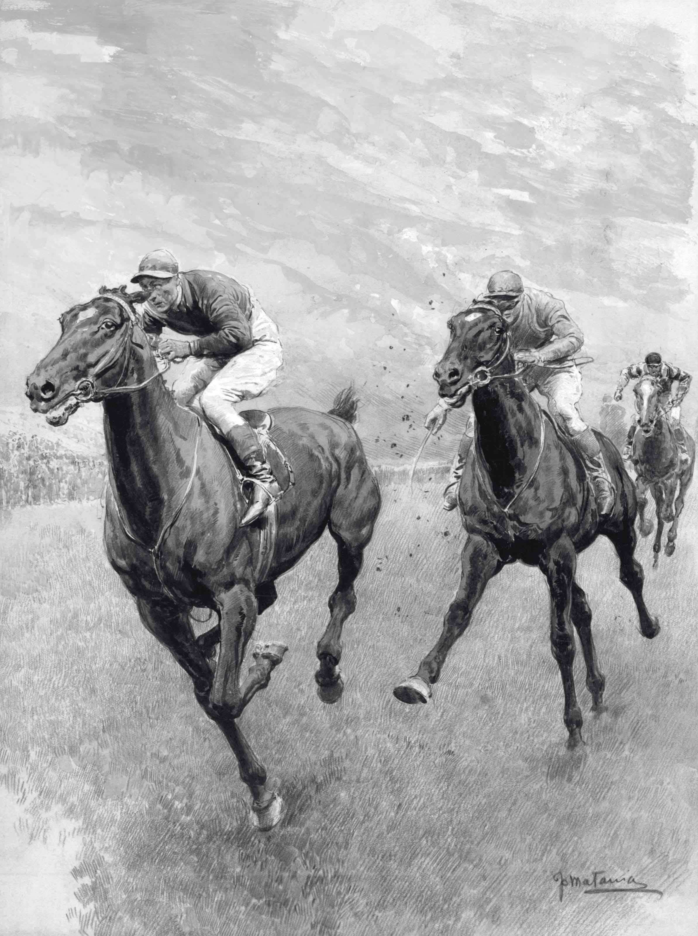 Fortunino Matania, R.I. - The Epee Fencing Championships at Lincoln\'s Inn, 1922; Grand Parade winning the Victory Derby from Buchan, 1919 (illustrated); A Skiing party; and Study of a sailing boat