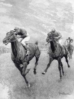 Fortunino Matania, R.I. - The Epee Fencing Championships at Lincoln\'s Inn, 1922; Grand Parade winning the Victory Derby from Buchan, 1919 (illustrated); A Skiing party; and Study of a sailing boat