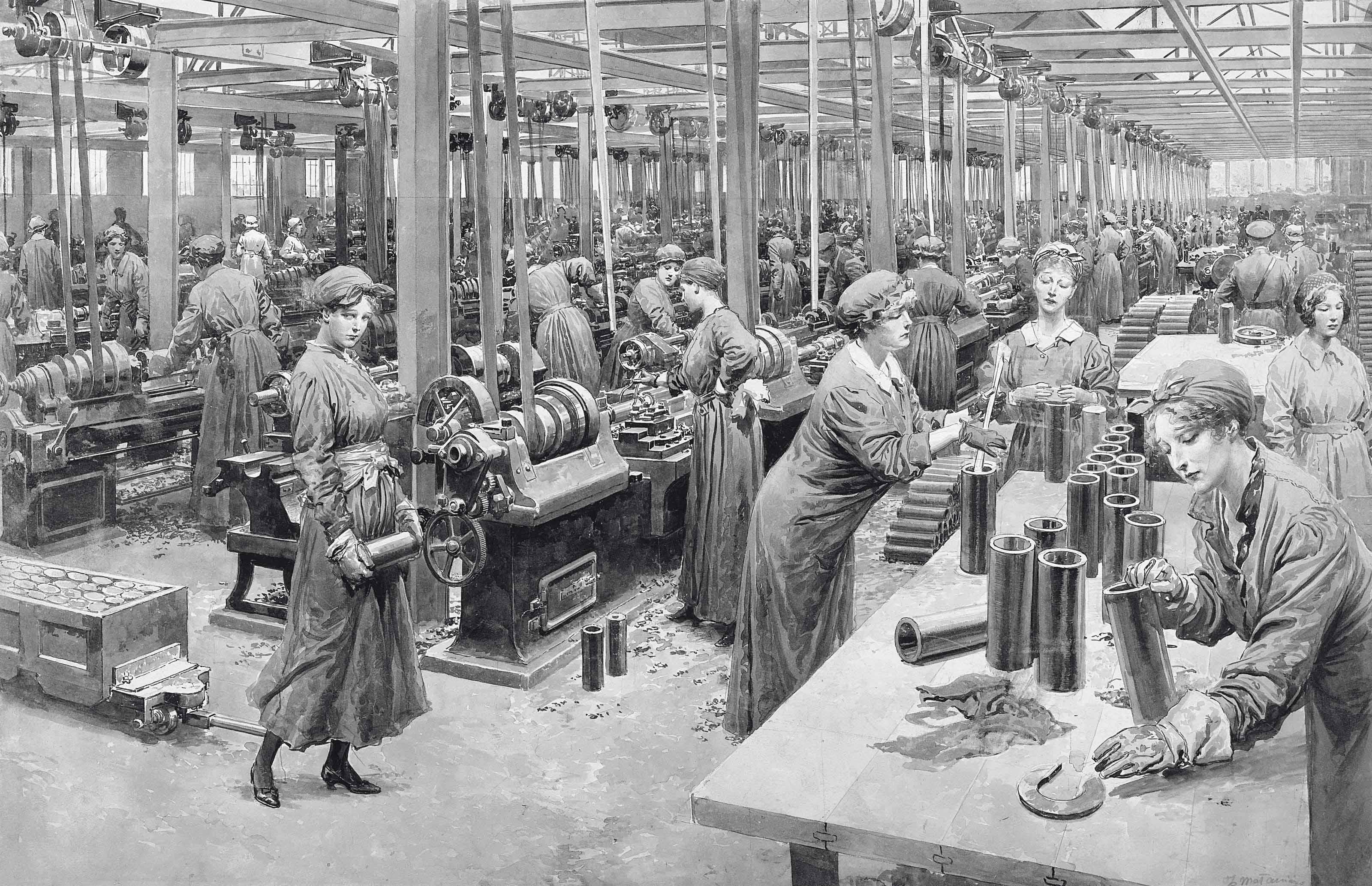 Fortunino Matania, R.I. - The new munition workers busily engaged in turning out shell for the British Army