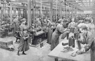 Fortunino Matania, R.I. - The new munition workers busily engaged in turning out shell for the British Army