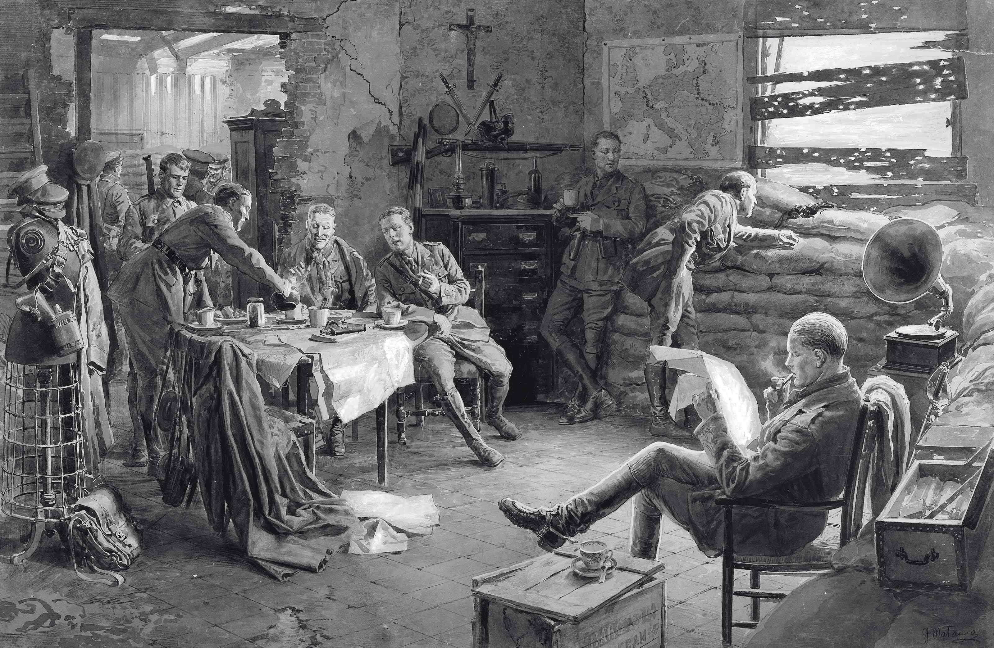 Fortunino Matania, R.I. - With the British Office in the Ypres Salient: Afternoon tea in a ruined farmhouse behind the British lines in the Ypres district