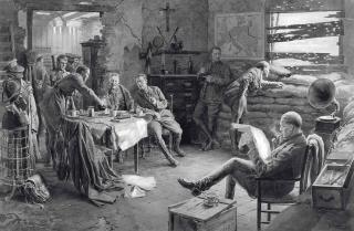 Fortunino Matania, R.I. - With the British Office in the Ypres Salient: Afternoon tea in a ruined farmhouse behind the British lines in the Ypres district