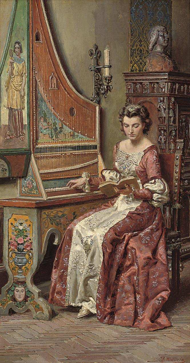 Fortunino Matania - A young beauty learning the harpsichord