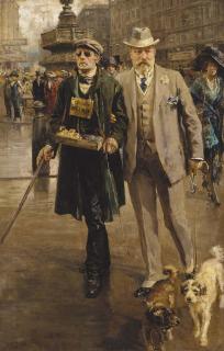 Fortunino Matania - King Edward VII helping a blind man, Piccadilly Circus, London