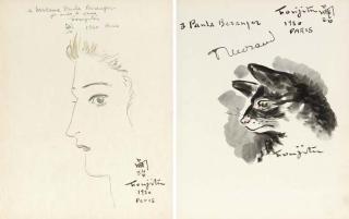 Foujita Tsuguharu - Drawing, lithograph, two self-portrait photographs and book