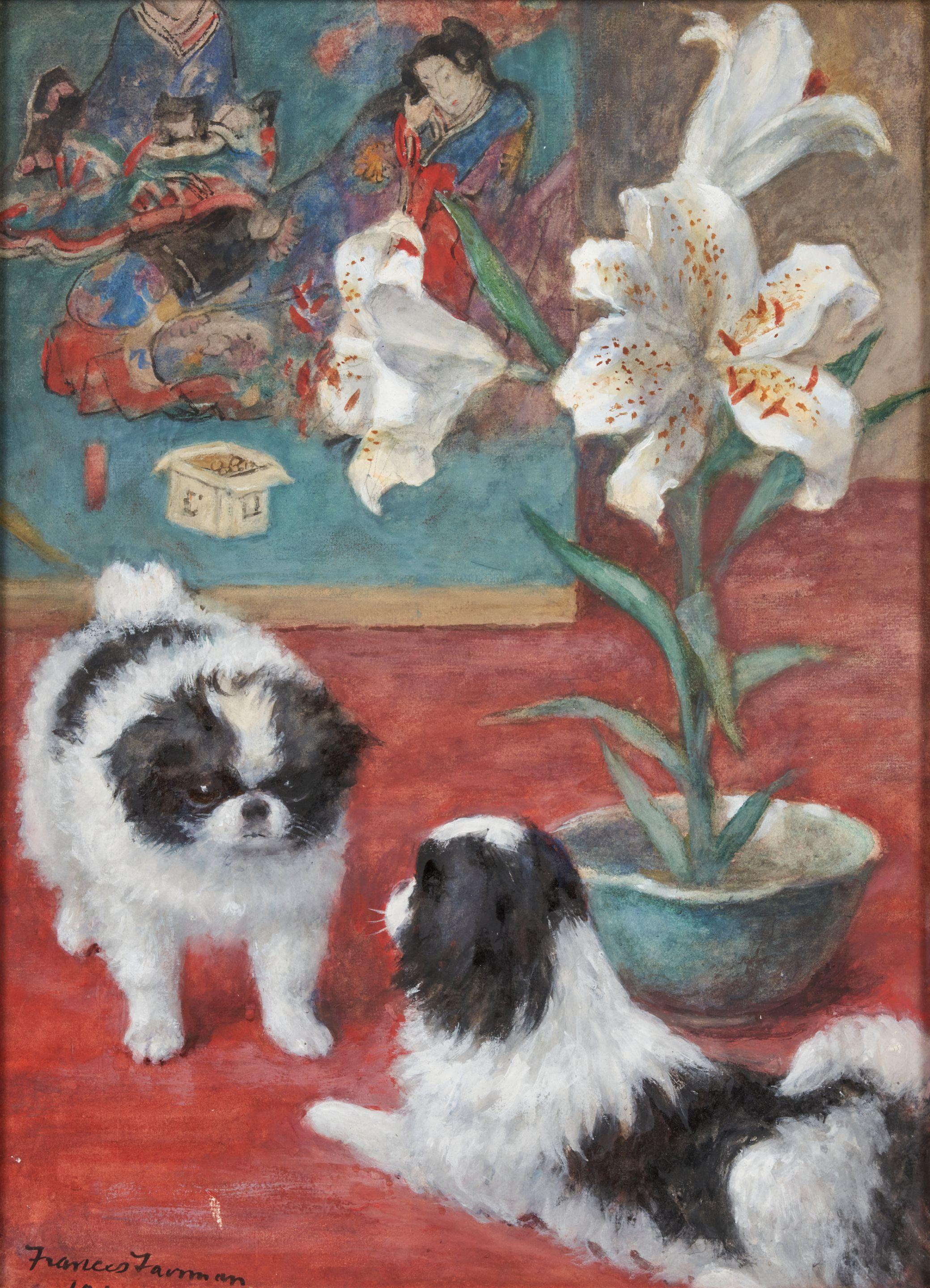 Frances C. Fairman - Two Japanese Chins in an Interior with a White Lily