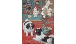 Frances C. Fairman - Two Japanese Chins in an Interior with a White Lily