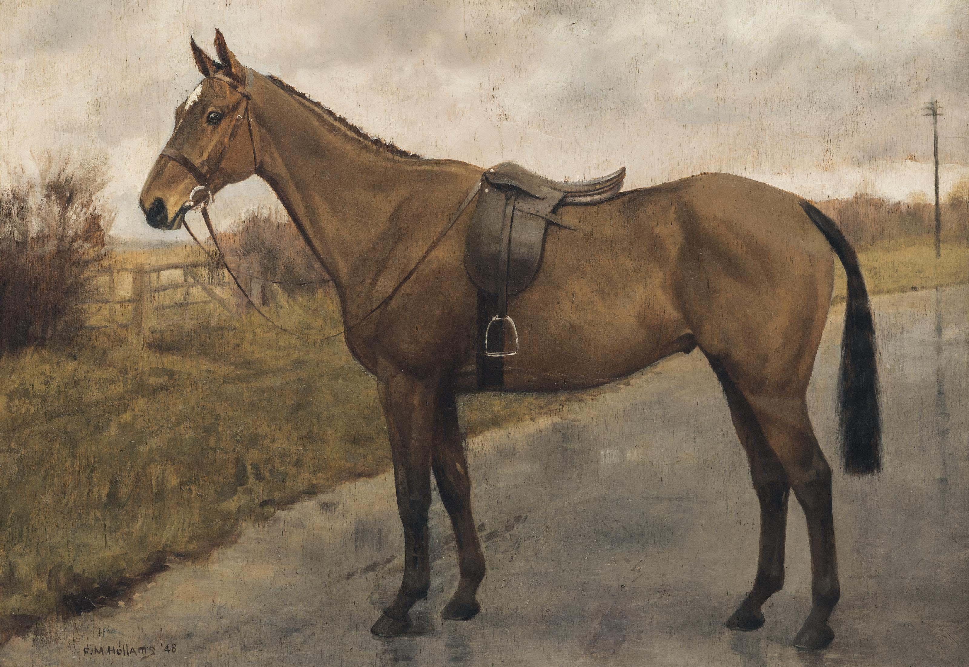 Frances Mabel Hollams - Bay hunter in a country lane