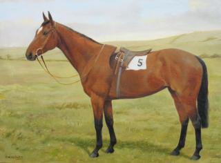 Frances Mabel Hollams - Portrait of a bay horse tacked up in a landscape